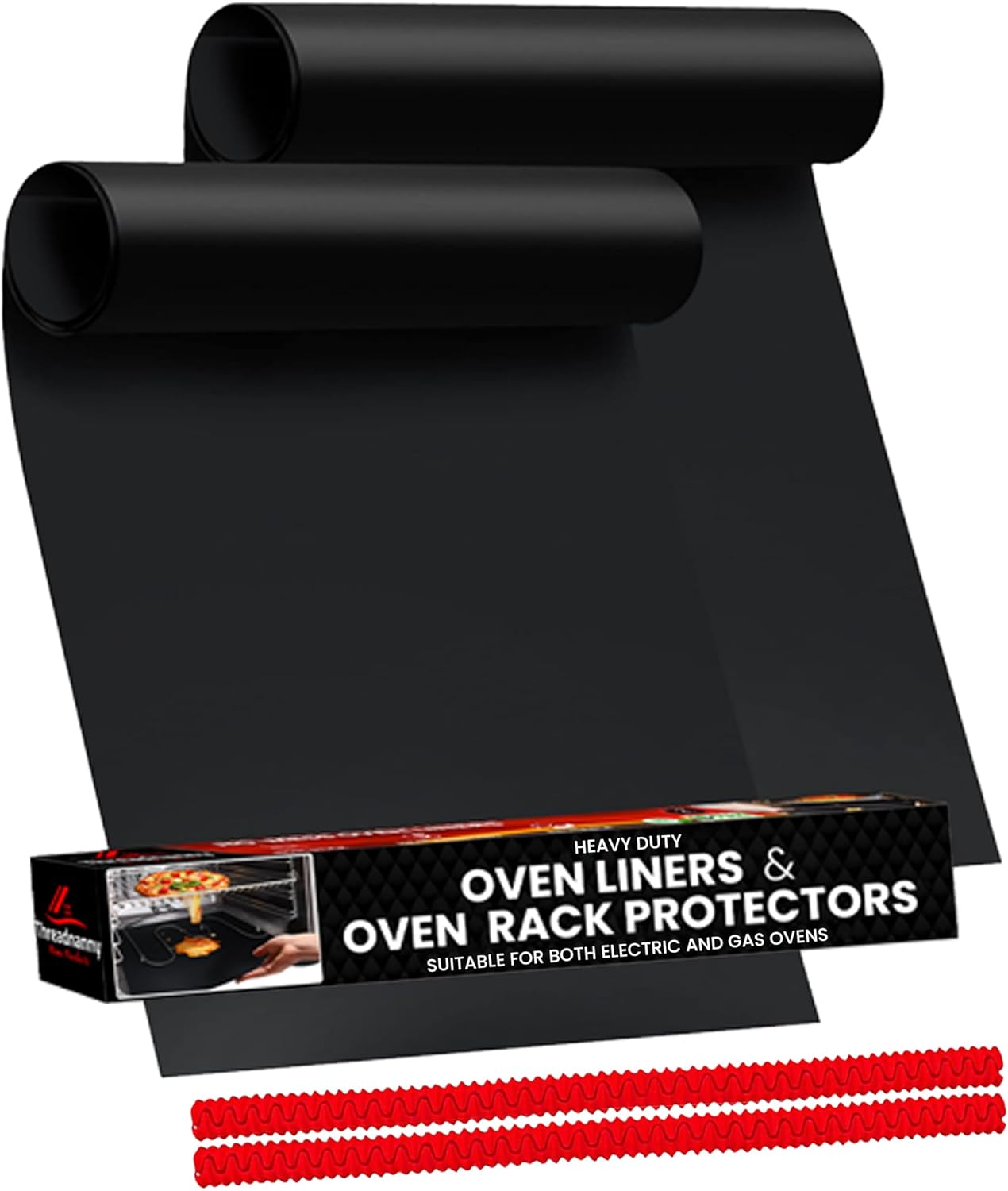 Oven Liners for Bottom of Oven Black (2-pack) Bundled with Rack Shield (2-pack) - Large Mat for Bottom of Stove (17"x 25") and 22" Red Range Guards for Racks - Reusable & Heat Resistant