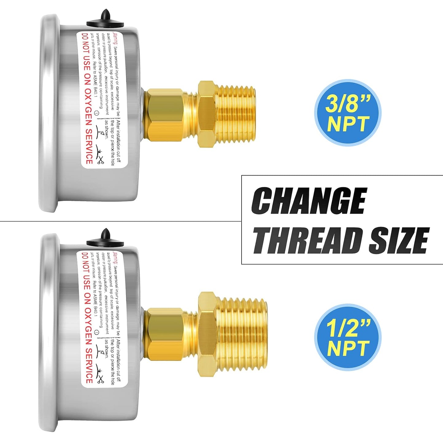 MEANLIN MEASURE 1/4" NPT 0-50psi Pressure Gauge, 2" Dial Glycerine Filled Pool Filter, 304 Stainless Steel Housing, Back Mount, with 1/2" NPT and 3/8" NPT Hex Bushing