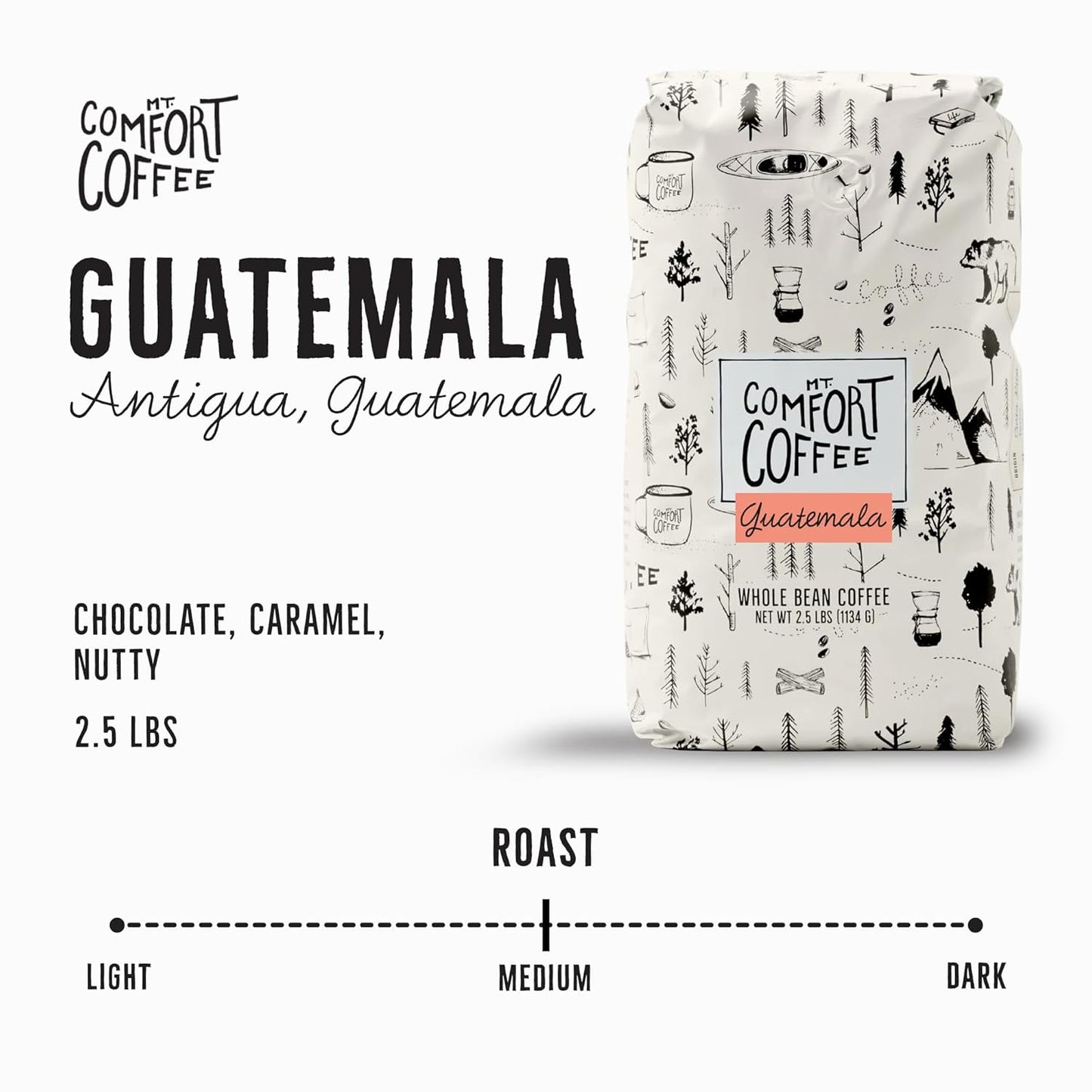 Mt. Comfort Coffee Guatemala Medium Roast, 2.5lb - Sourced From Small, Guatemalan Coffee Farms - Flavor Notes of Chocolate & Caramel - Roasted Whole Beans