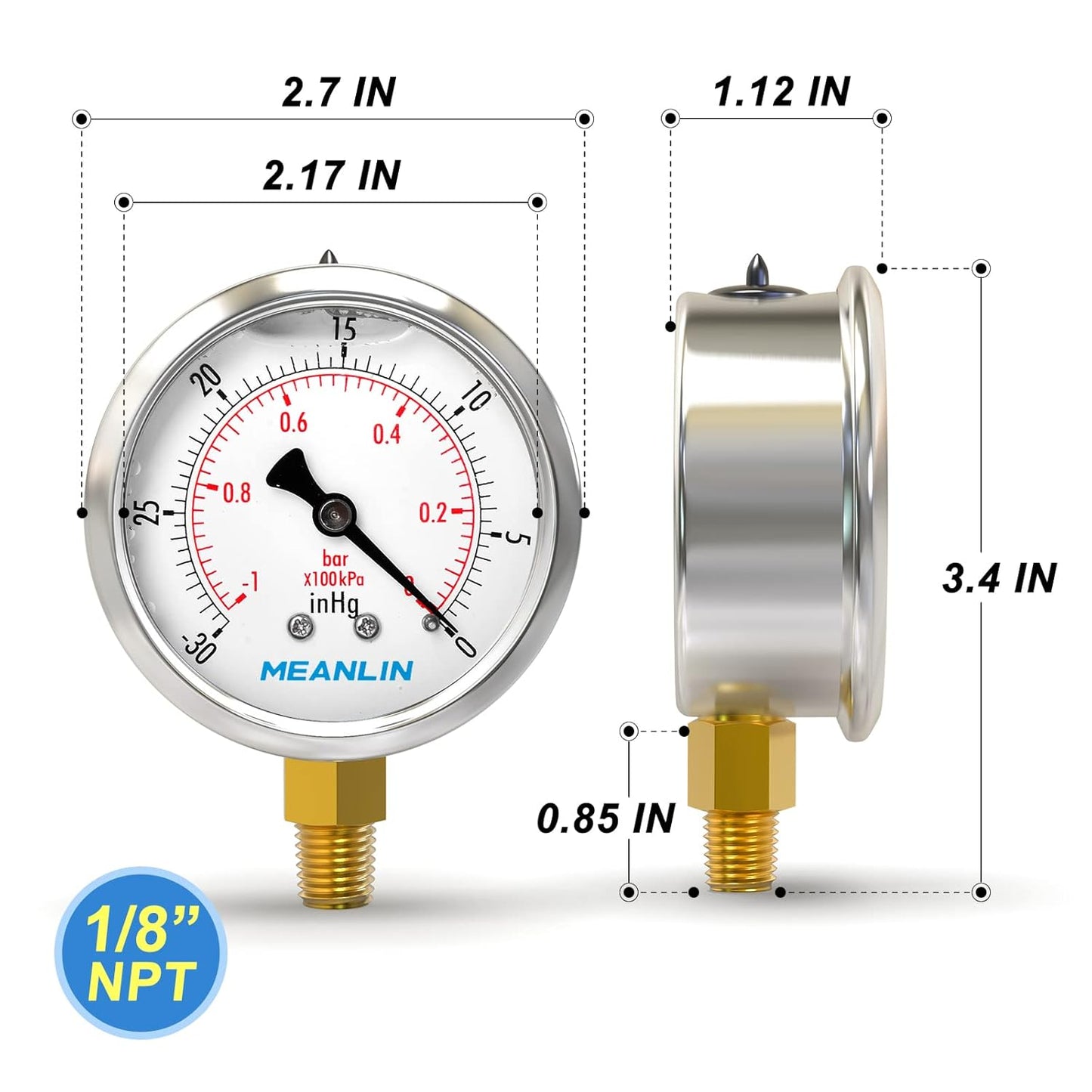 MEANLIN MEASURE -30inHG~0Psi Stainless Steel 1/8" NPT 2.5" FACE DIAL Vacuum Pressure Gauge, Lower Mount, with 1/4" NPT and 3/8" NPT Hex Bushing