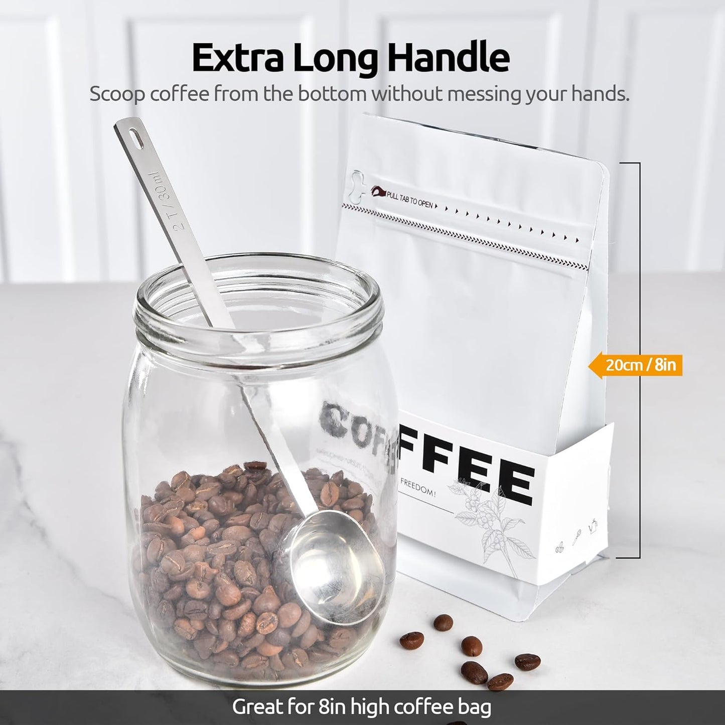 U-Taste Coffee Scoop 2 Tablespoon: 18/8 Stainless Steel Measuring Scooper for Ground Coffee, Bean, Powder, Espresso, 6.9in Long Handle Metal Meaure Spoon for Canister, Jar (2Tbsp/30ml, Silver)