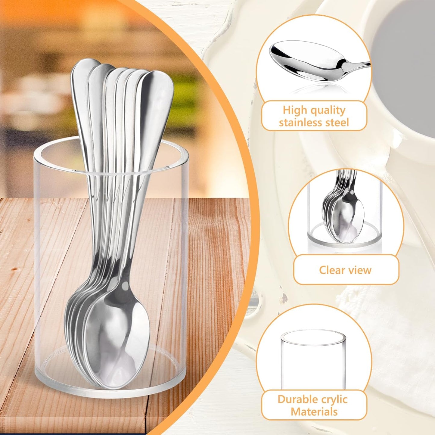 6 Pcs Mini Coffee Spoons with Holder 4.7 inch Demitasse Espresso Stainless Steel Spoons Silver with Acrylic Cylinder Holder for Coffee Bar Home Tea Party (6)