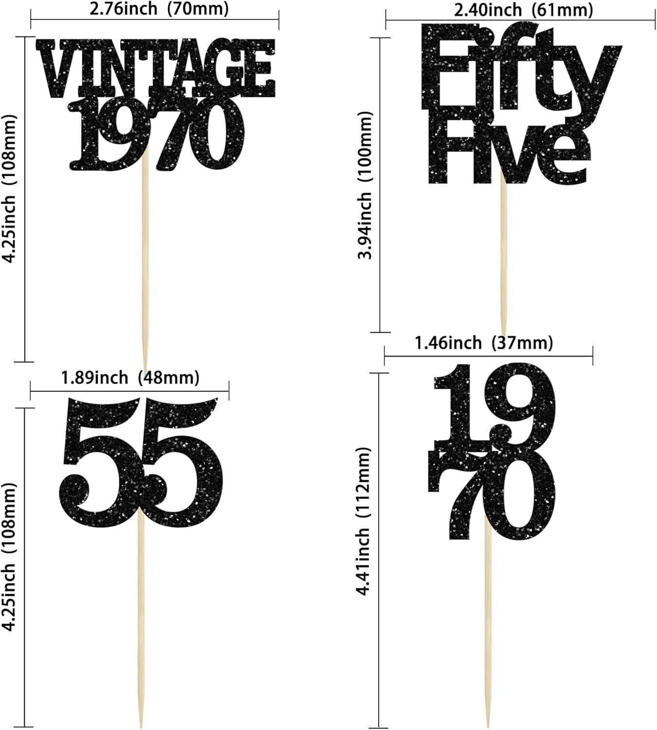 Gyufise 24Pcs Vintage 1970 Cupcake Toppers Glitter Cheers to 55 Fabulous Fifty Five Cupcake Picks 55th Birthday Wedding Anniversary Party Cake Decorations Supplies Black