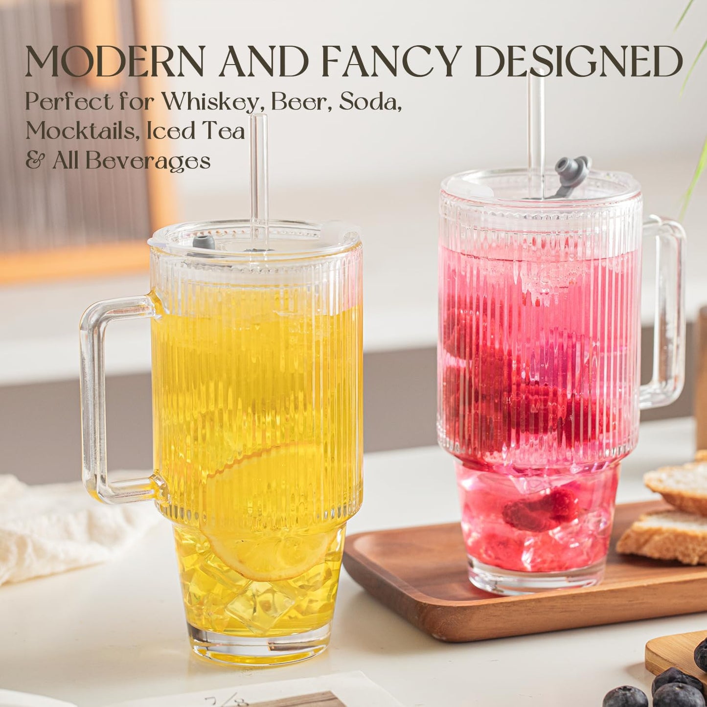 KEMORELA 2-Pack 24 Oz Ribbed Glass Tumblers with Lids and Straws, Handle Iced Coffee Cups, Clear Reusable Drinkware for Smoothies, Cold Beverages - Dishwasher Safe