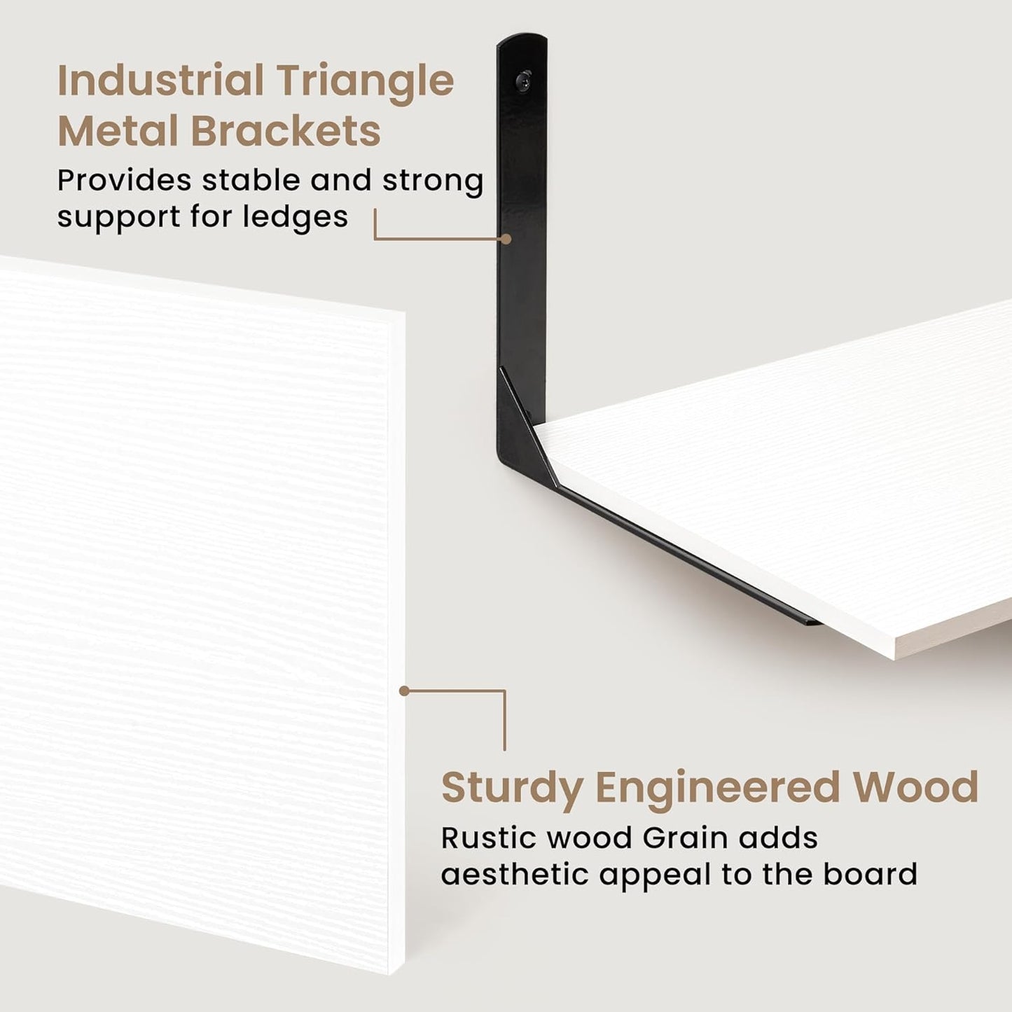 Fun Memories Floating Shelves for Wall, 12 Inch Deep Floating Shelves Set of 2, Wall Mounted Shelf with Metal Brackets, Rustic Wood Wide Shelf for Bathroom, Kitchen and Living Room, White, 55W x 12D