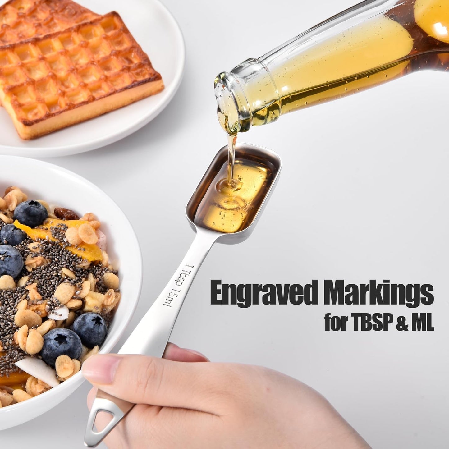 18/8 Stainless Steel Measuring Spoons: Doosu Heavy Duty Rectangular Spoon Square Teaspoon Tablespoon Scoop with Slim Long Handle in Narrow Spice Jar for Kitchen Baking Cooking (Set of 8 with Leveler)