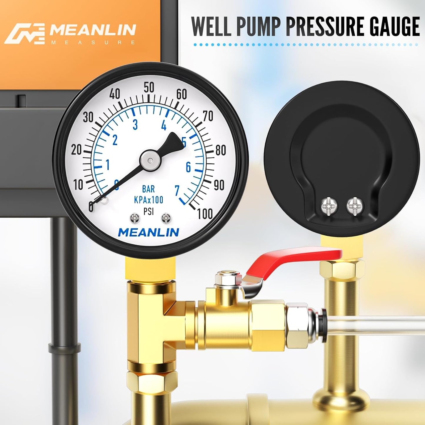 MEANLIN MEASURE 0-100Psi 2" DIAL FACE 1/8" NPT Well Pump Pressure Gauge, with 1/4" NPT and 3/8" NPT Hex Bushing, 3-2-3% Accuracy, Lower Mount