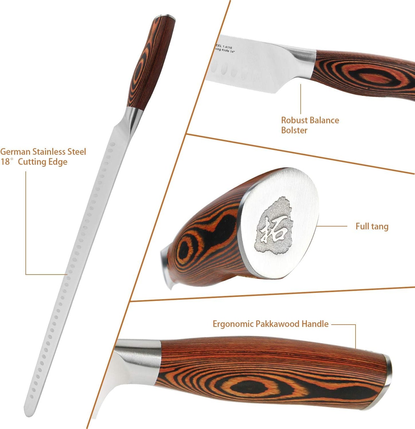 TUO Slicing Knife 14 inch - Long Carving Knives Professional Granton Slicer Hollow Ground Carver for Meat & Vegetable - German HC Steel & Ergonomic Pakkawood Handle - Gift Box Included - Fiery Series