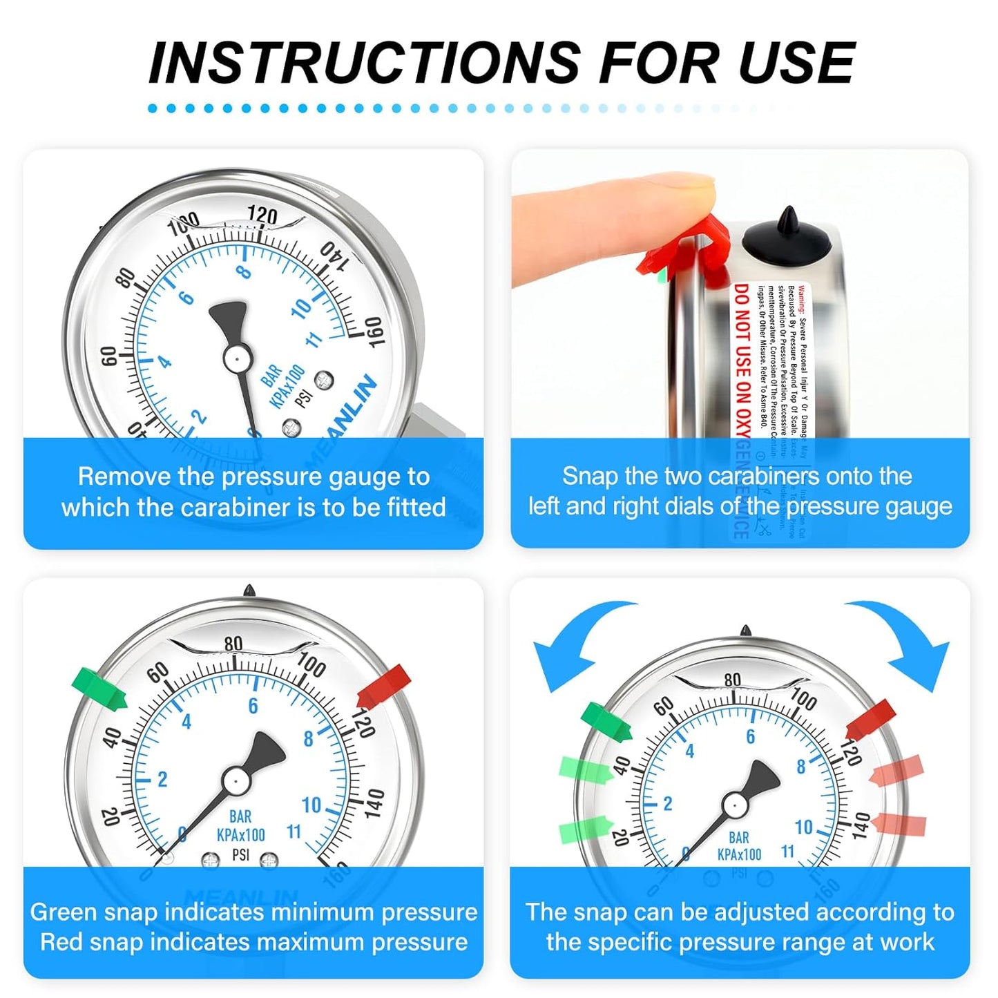 MEANLIN MEASURE 0~160Psi Stainless Steel Liquid Filled Pressure Gauge 2.5"FACE DIAL 1/4"NPT for Air Compressor RV Regulator Water Pressure Tester Lower Mount with Stainless Steel Hex Bushing and Snaps