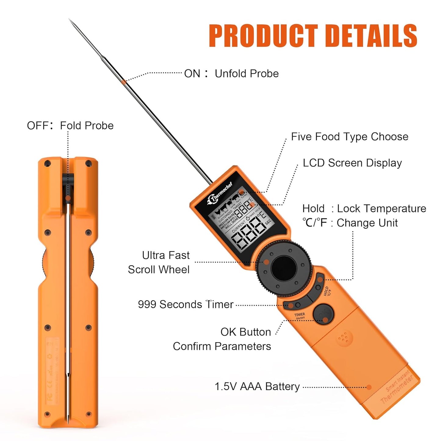 Digital Meat Thermometer for Grill, Instant Read Food Thermometers for Cooking with Food Doneness Guide, Calibration and LCD Backlight Screen, High Accuracy ±1% ℉, BBQ Beef Candy Orange