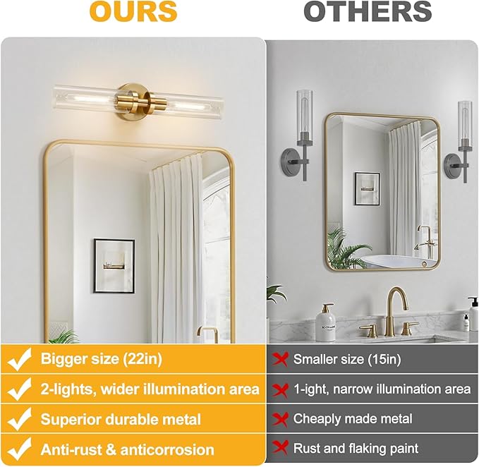 Indoi Brushed Gold Wall Sconces, Hardwired Bathroom Sconces Wall Lighting - Image 2