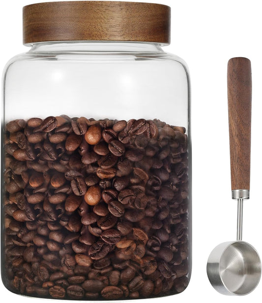 Large Glass Coffee Jars with Spoons 60 oz /1800ml, Round Storage Canister with Wooden Lid Clear Glass Food Jar for Pantry Sugar Tea Coffee Bean Spice Nuts Cookies Bath Salts (1800ml/60oz)