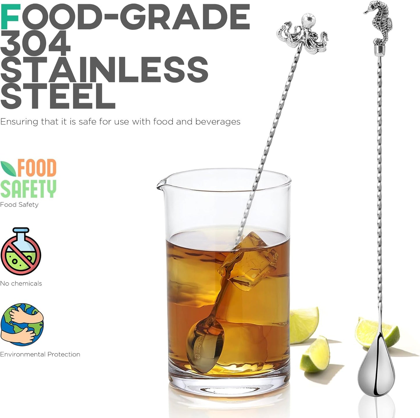 Homestia Cocktail Spoon Bar Stirring Spoon Long Handle Stainless Steel Spiral Pattern Cocktail Mixing Shaker Tool, 12'' Bar Spoons for Professional Home Use Weighted Octopus Seahorse End (Set of 2)