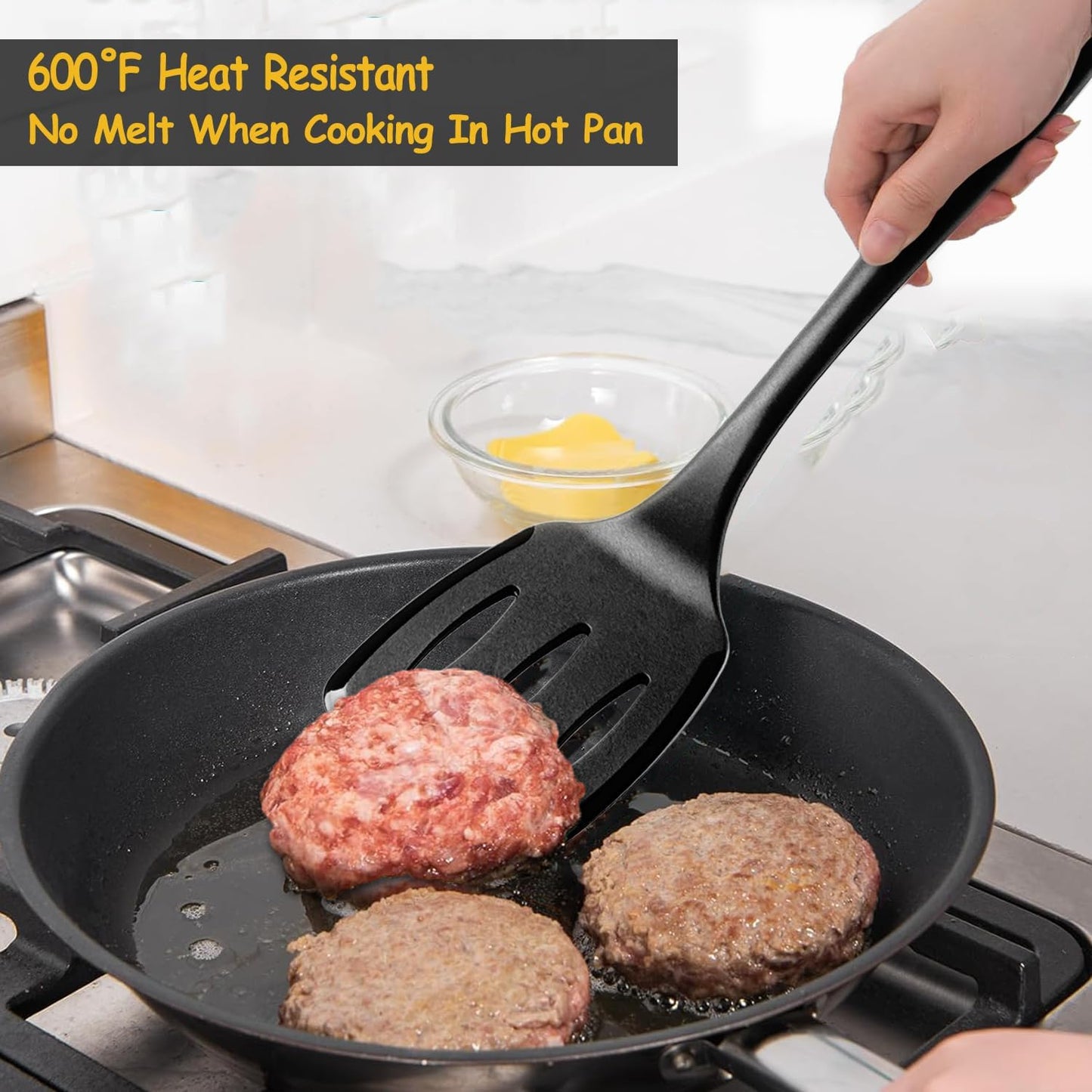 Silicone Spatula Set, 600°F Heat Resistant Silicone Spatula Turner Flipper for Cooking, Non Stick and Non Scratch Kitchen Utensils for Eggs & Fish, 2 Pack, Black