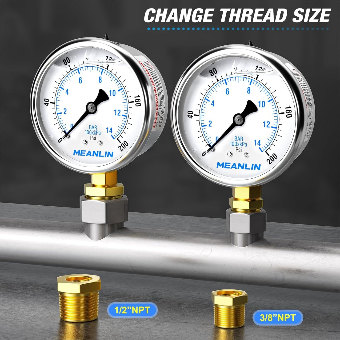 MEANLIN MEASURE 0~200Psi Stainless Steel 1/4" NPT 2.5" FACE DIAL Liquid Filled Pressure Gauge WOG Water Oil Air Lower Mount (Pack of 2), with 1/2" NPT and 3/8" NPT Hex Bushing
