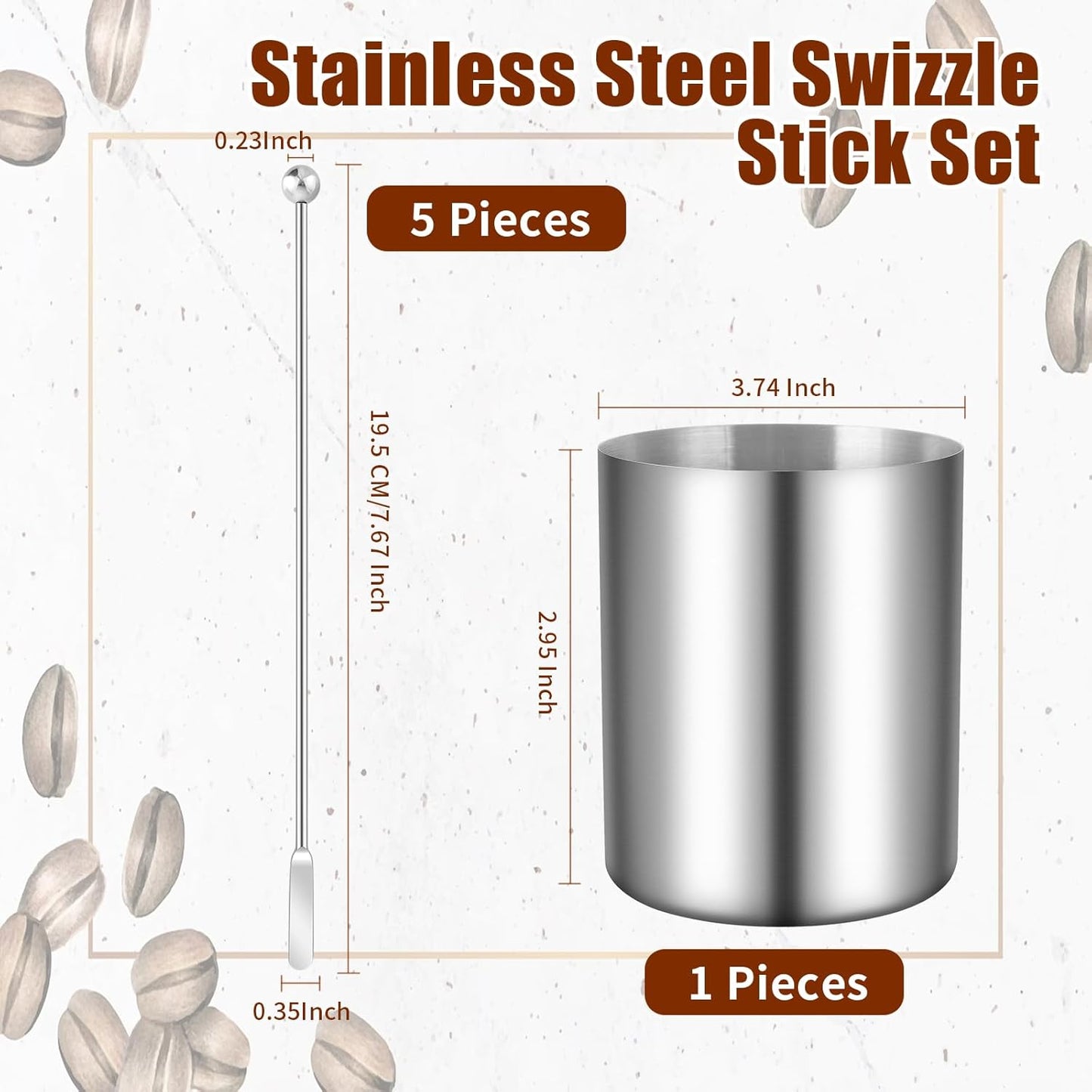 5 Pieces 7.4 Inch Stainless Steel Coffee Stirrers Holder Stainless Steel Swizzle Stick Coffee Stirrers Reusable Stir Sticks for Cocktails Coffee Whiskey