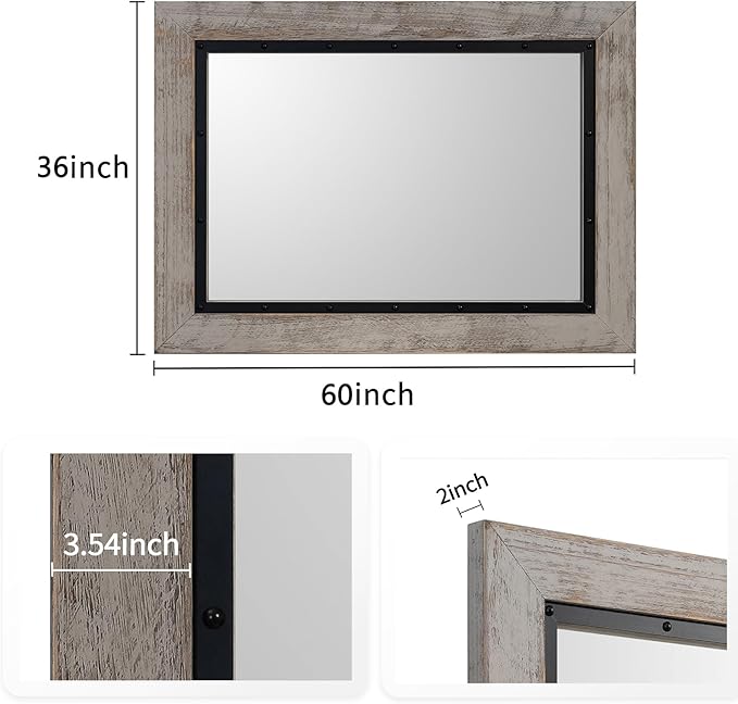 YOSHOOT Rustic Wooden Framed Wall Mirror, Natural Wood and Iron Bathroom Vanity - Image 3