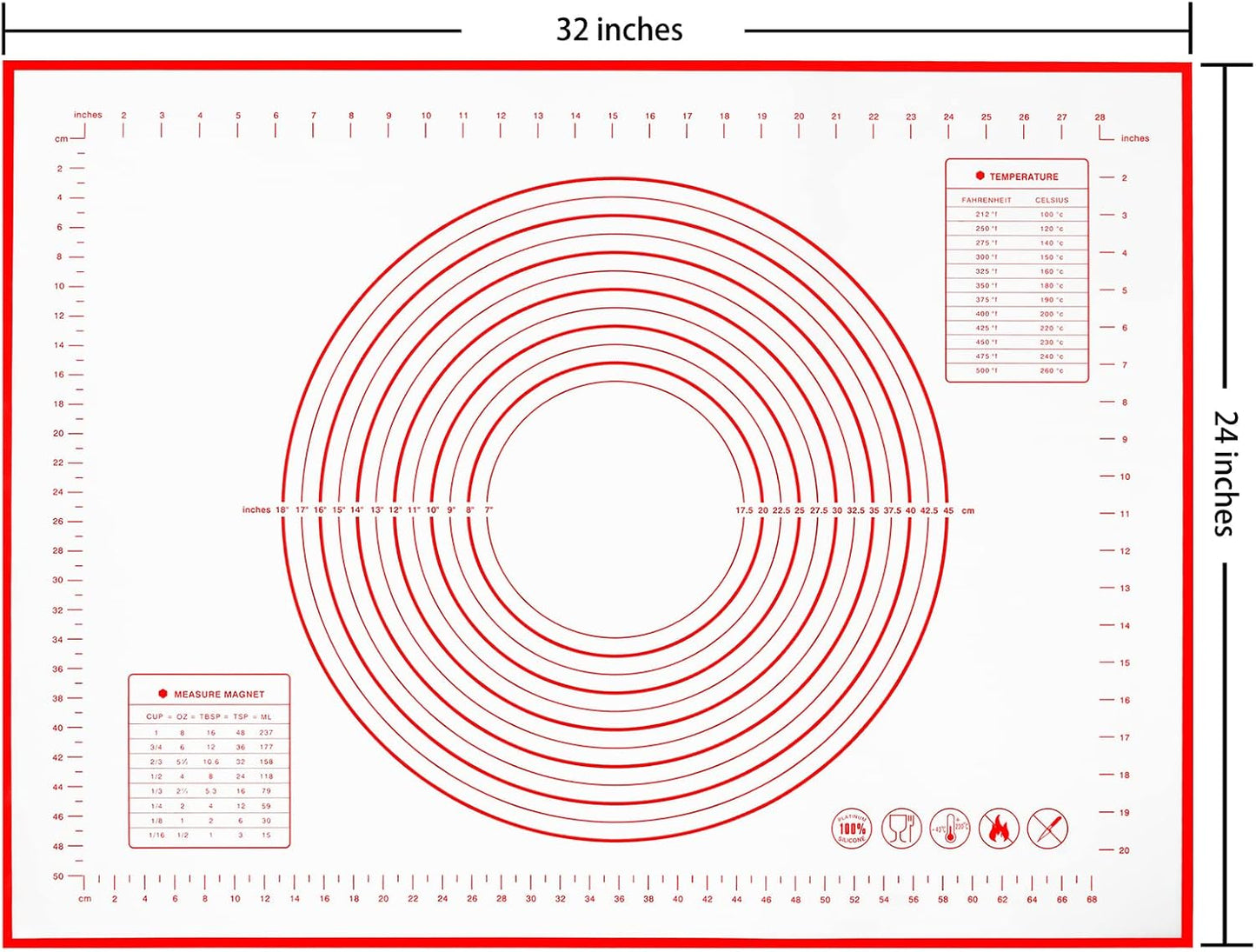 Yansumi Silicone Pastry Mat Extra Large Non-Slip Mat for Rolling Dough Pie Crust and Baking Non-Stick with Measurements (Red, 32x24)