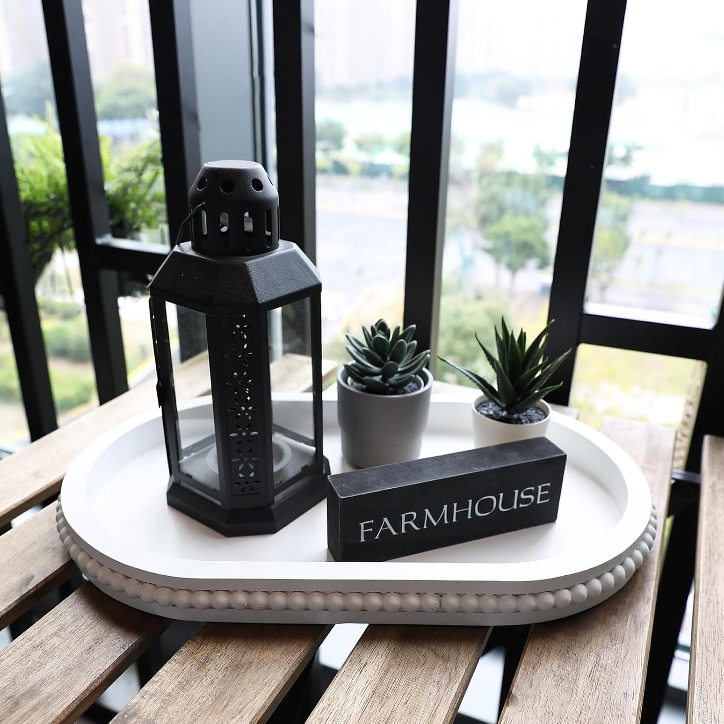 Oval Wood Serving Tray with Wooden Beads, Outdoor Farmhouse Decorative Tray for Ottoman, Coffee Table, Kitchen Counter Organizer, Home Decor(White)