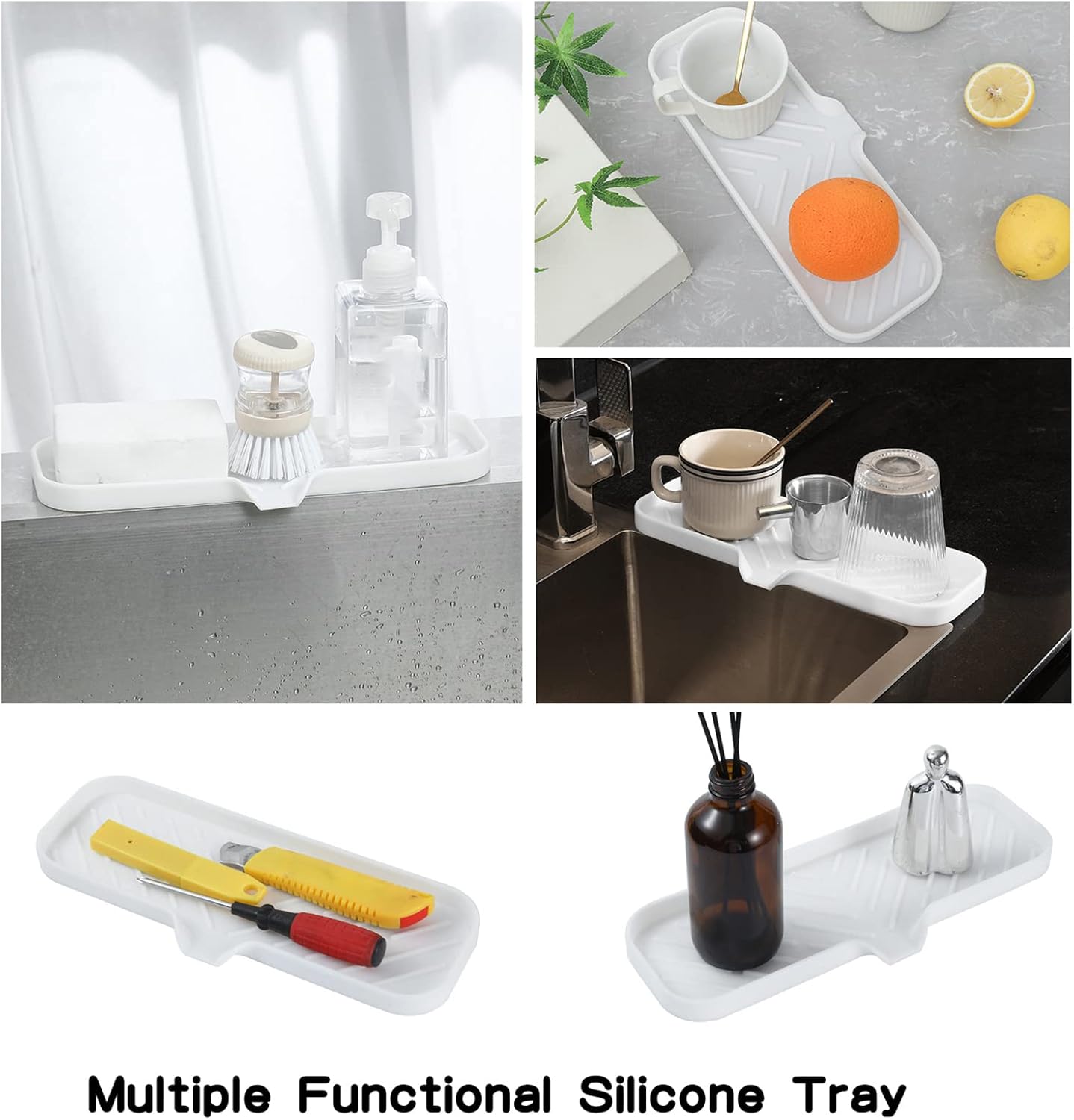 Silicone Bathroom Soap Dishes with Drain Spout-Bathroom and Kitchen Sink Organizer,Sponge Holder,Dish Soap Tray,Perfect for Dispenser,Scrubber,Bottle,Cup on Sink or Counter-White 12"×4"