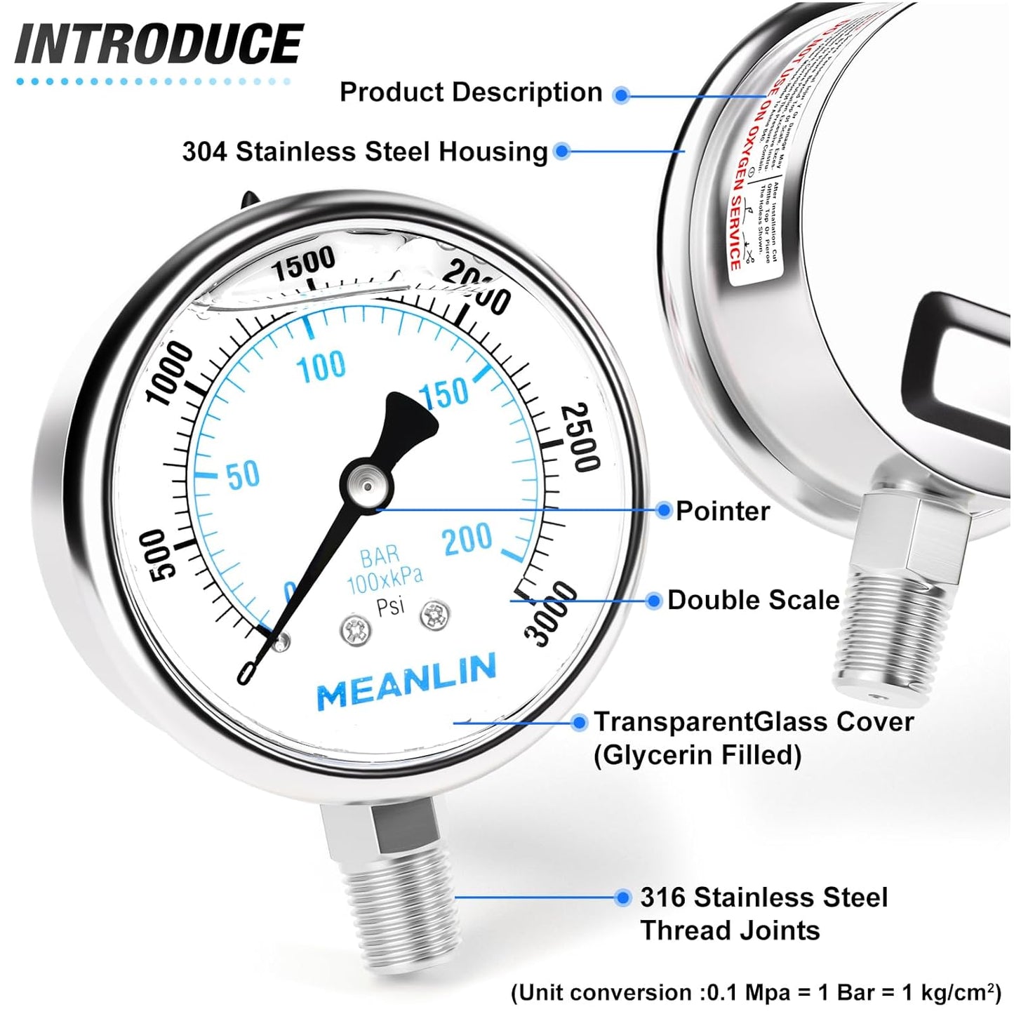 MEANLIN MEASURE 0~3000Psi Liquid Filled Pressure Gauge Stainless Steel with 316 Stainless Steel Joint 1/4" NPT 2.5" FACE DIAL for WOG Water Oil Air Lower Mount