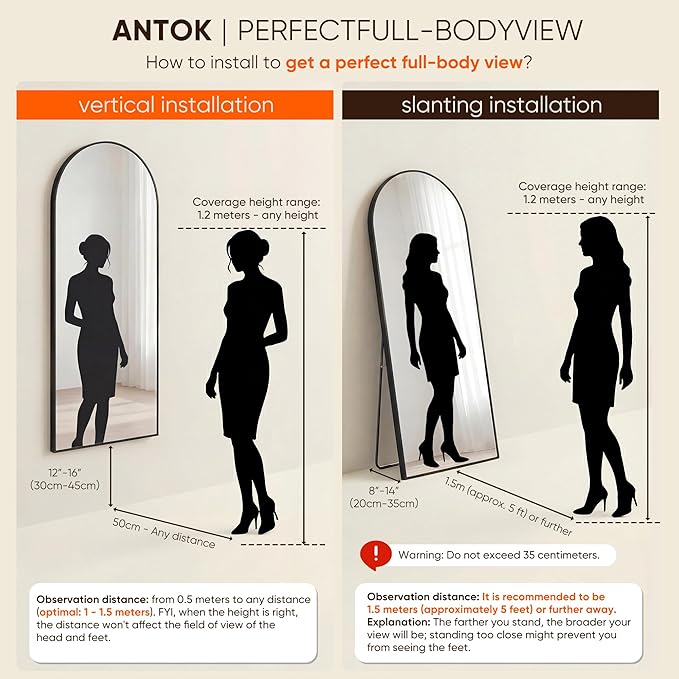 Antok 86" x46” Arched Full Length Floor Mirror, Free Standing/Wall Mount/Leaning - Image 9