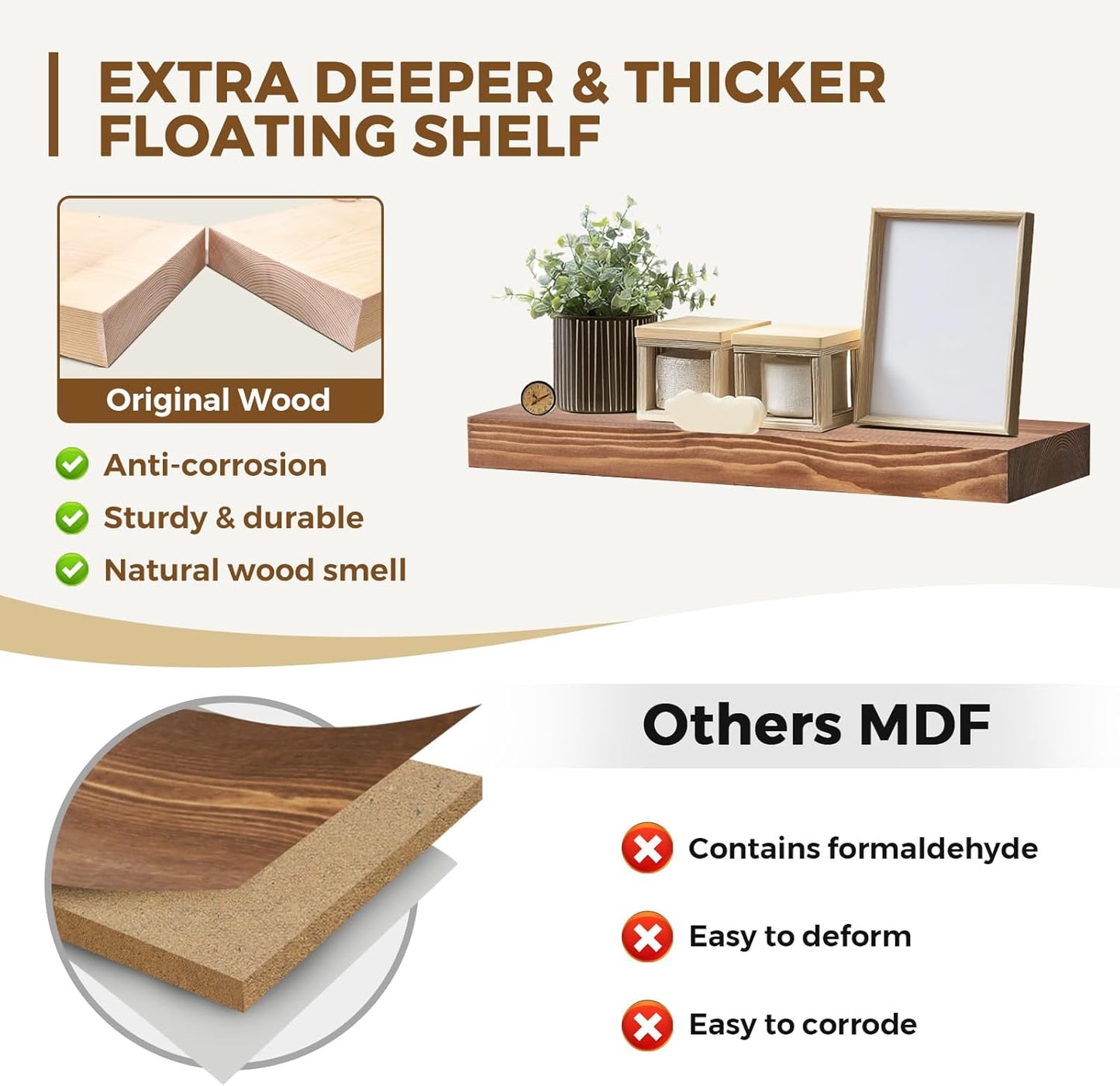 17x8x1.6 inch Floating Shelves Set of 2 – Solid Wood Rustic Brown Wall Mounted Shelf for Kitchen, Bathroom, Living Room