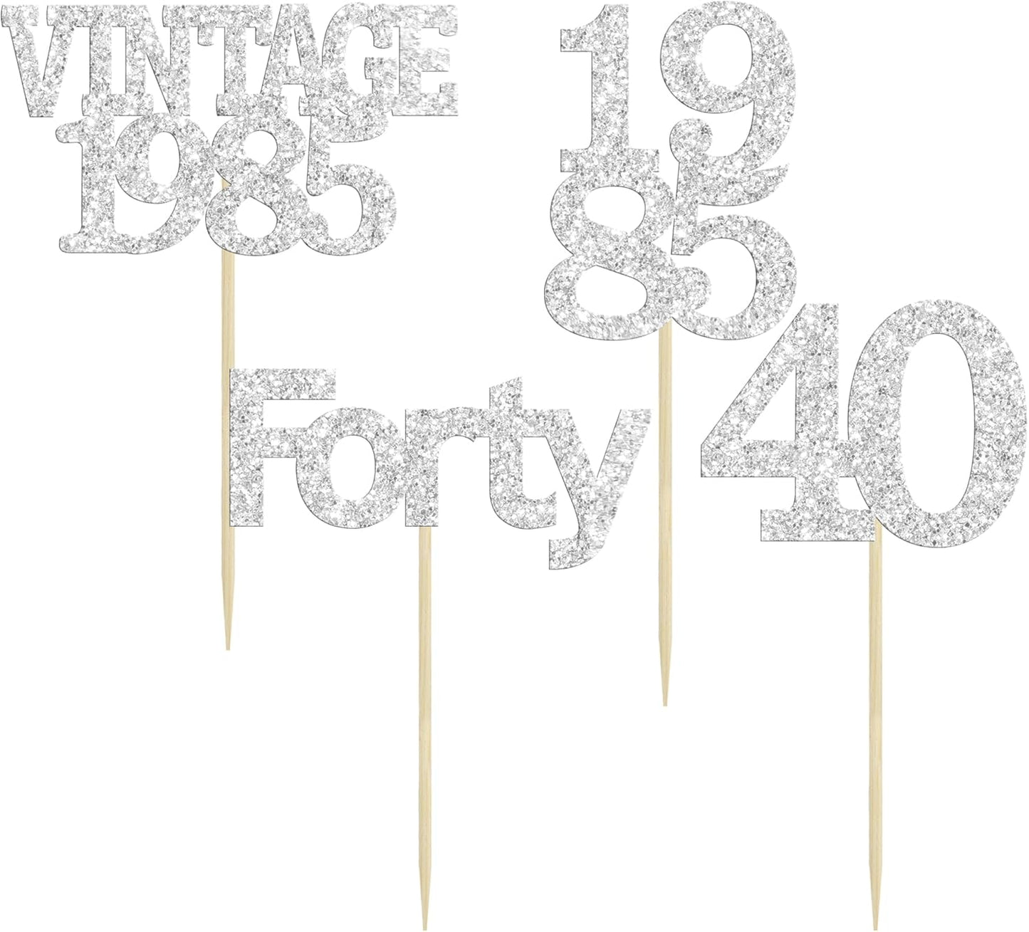 Gyufise 24Pcs Happy 40th Birthday Cupcake Toppers Glitter Forty 40 Fabulous Vintage 1985 Cake Toppers for 40th Birthday Wedding Anniversary Party Cake Decorations Supplies Silver