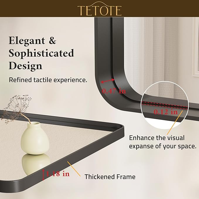 TETOTE 48 x 24 Inch Black Frame Mirror, Bathroom Vanity Mirror - Image 5