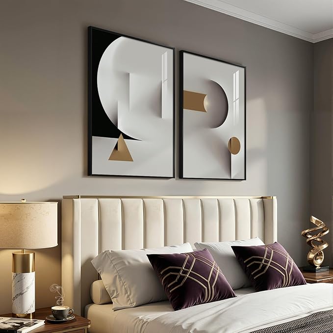 Large Framed Modern Elegant Abstract Wall Art, 2 Piece Black White Gold - Image 2