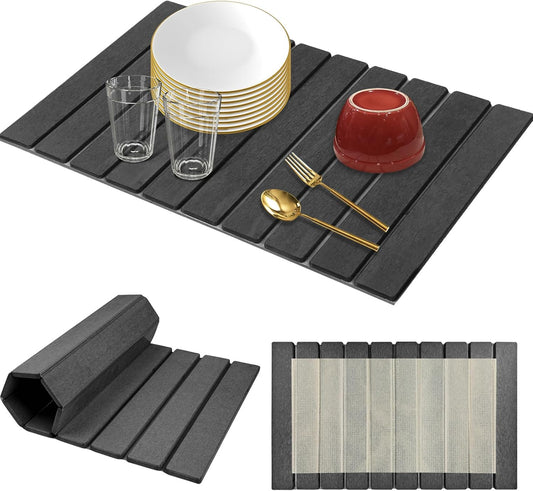 Large Diatomaceous Stone Drying Mat for Kitchen Counter, Quick Dry Collapsible Drying Mat , Absorbent Bath Mat for Kitchen Dishes Cups Bottles Bathroom Any Countertop, 24 In x 16 In, Dark Gray