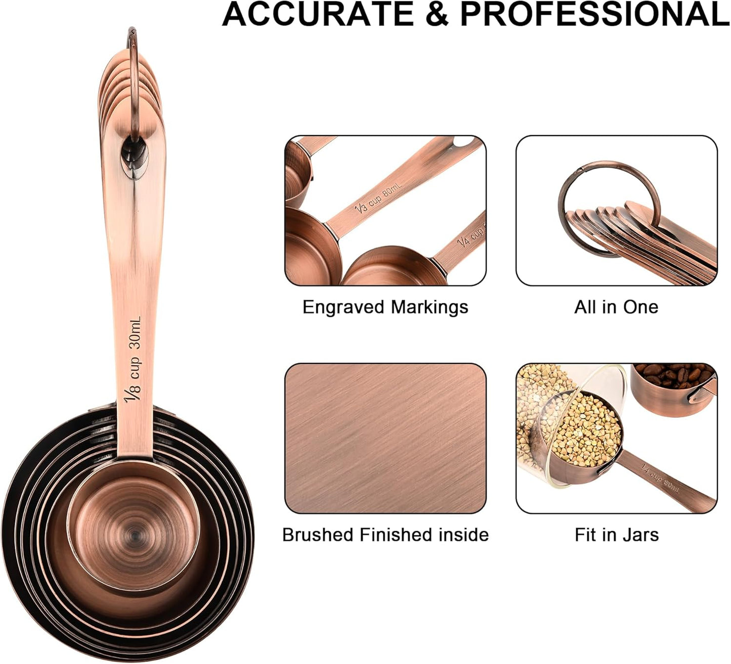 Measuring Cups Set, Copper Measuring Cups Set 7, Metric & US Stainless Steel Measuring Cups for Kitchen & Baking, Metal Measuring Cups Set with 2/3 & 3/4 Measure Cups