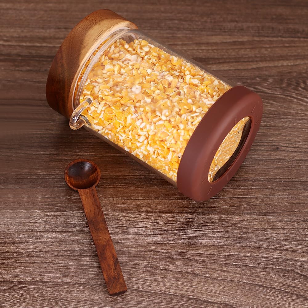 SAIOOL High Bprosilicate Glass 4 Pack Spice Jars with Label and Spoons,Overnight Oats Containers with Acacia Airtight Lids,Glass Food Storage Jars, Coffee Bar (Acacia 29.6 OZ*4)