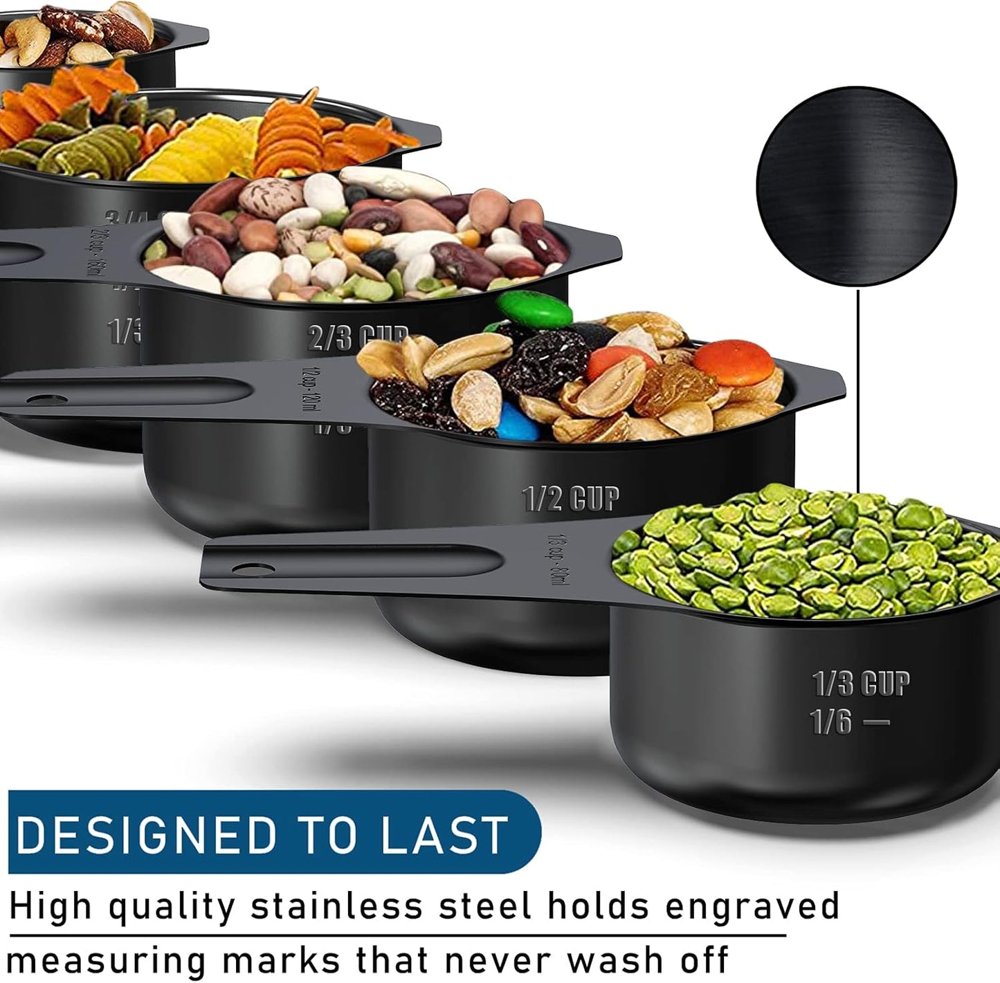 Stainless Steel Measuring Cups, Wildone Metal Measuring Cups Set with Easy to Read Markings for Measuring Dry or Liquid Ingredients, Set of 7 (Black)