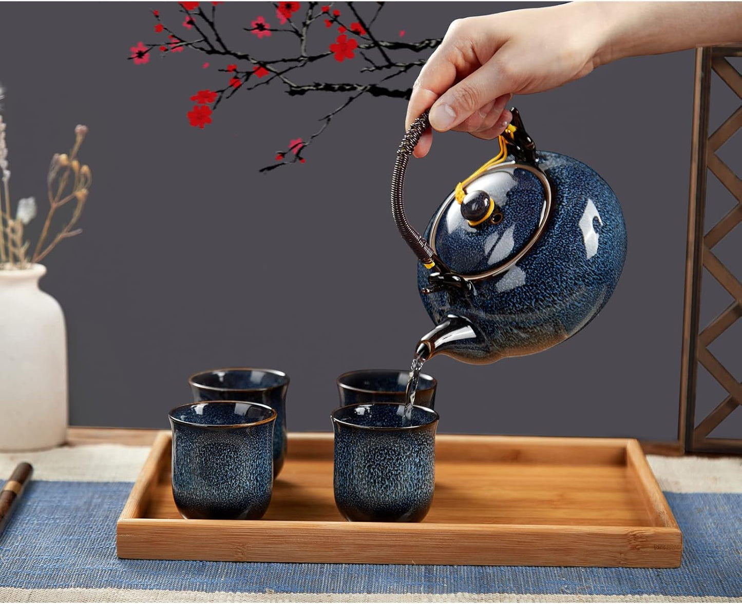 DUJUST Japanese Tea Set for 6, Kiln Altered Glaze Porcelain Tea Set with 1 Teapot, 6 Tea Cups & 1 Tea Tray, Unique Chinese Tea Sets for Adults/Tea Lovers/Women/Men, Blue