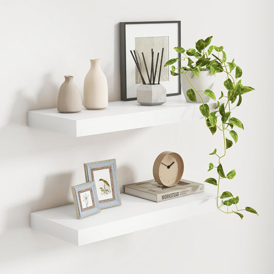 White Floating Shelves 24 Inch Long, 9.3 Inch Deep Floating Shelves for Wall, Rustic Solid Wood Shelves, Deep Wall Shelves for Living Room, Bedroom, Kitchen, 24"W x 9.3"D x 1.6"H, Set of 2