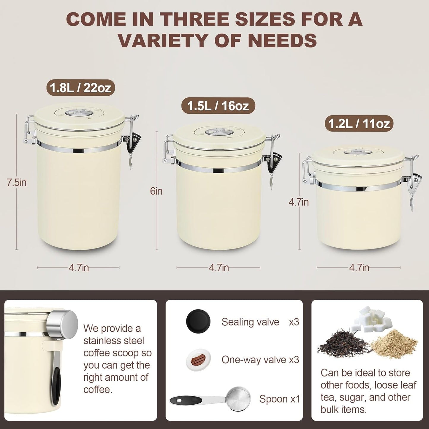 ShanSon Coffee Canister Airtight Coffee Container Stainless Steel Coffee Bean Storage Container with Scoop Coffee Canister for Beans Grounds Sugar Flour Tea Cereal,16OZ,Beige