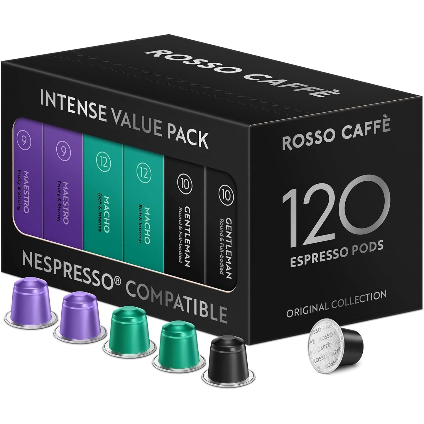 ROSSO CAFFÈ 120 Espresso Coffee Pods for Nespresso Original Machines - Value Intense Pack of Rich and Bold Capsules, 3 Premium Dark Roasts Flavors (Intensity 9-12)