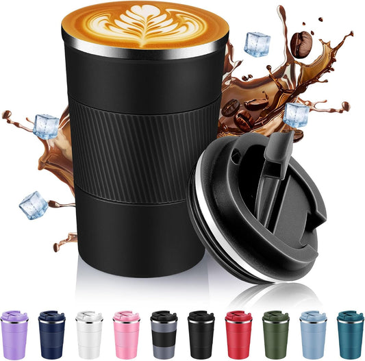 Volhoply 13 oz Stainless Steel Insulated Travel Coffee Mug with Fip Lid,Reusable Double Wall Vacuum Metal Coffee Cup,Portable to Go Leak Proof Cafe Thermal Tumbler for Hot & Cold Drinks(Black,1)