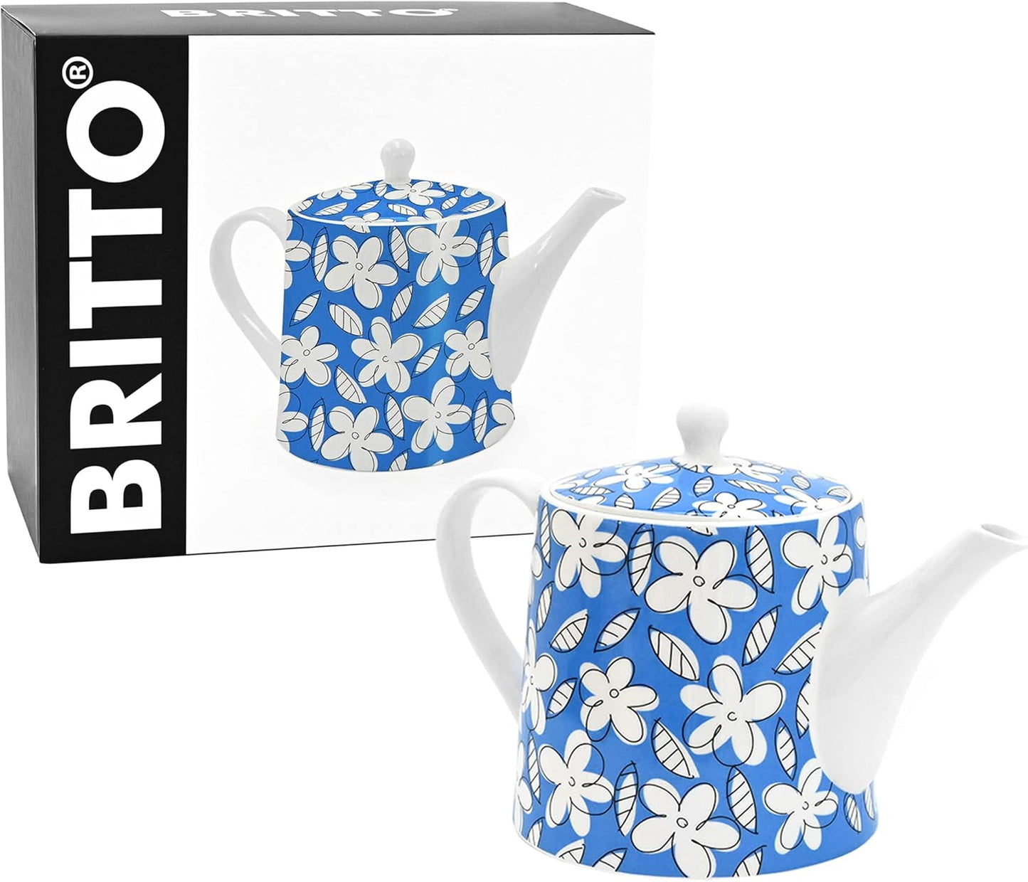 Romero Britto Bone China Coffee & Tea Pot, 28.7 oz, Blue Flowers, Floral Artwork Design