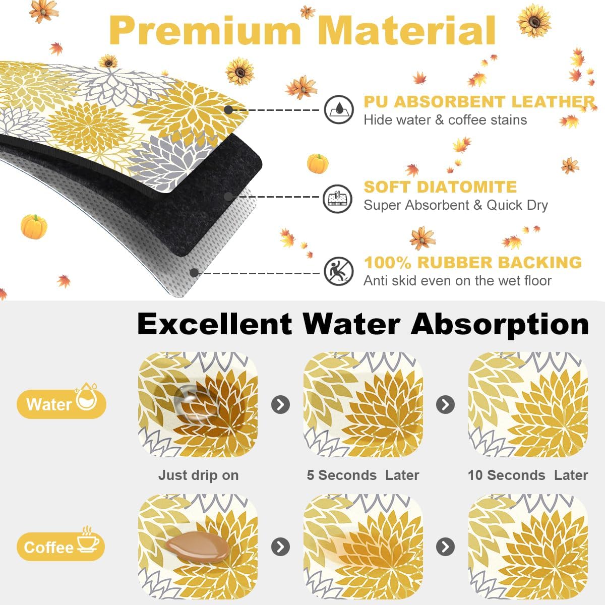 Findosom 2PCS 12" x 20" Fall Dish Drying Mat & 24" x 5.5" Sink Splash Guard, Super Absorbent & Cuttable Dish Mat Drying Kitchen Mat with Yellow Floral, Hide Stain Drying Mat for Kitchen Counter