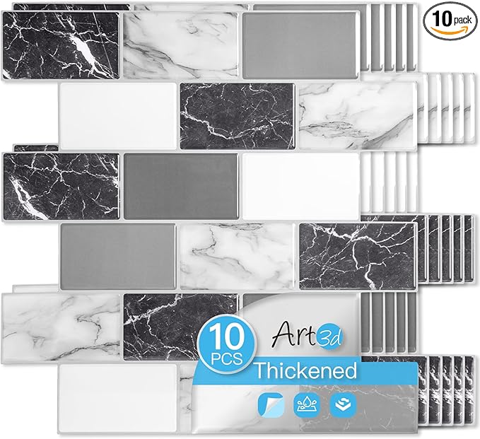 Art3d Peel and Stick Black White Grey Marble Wall Tiles – 12"x12" Thicker by Art3d