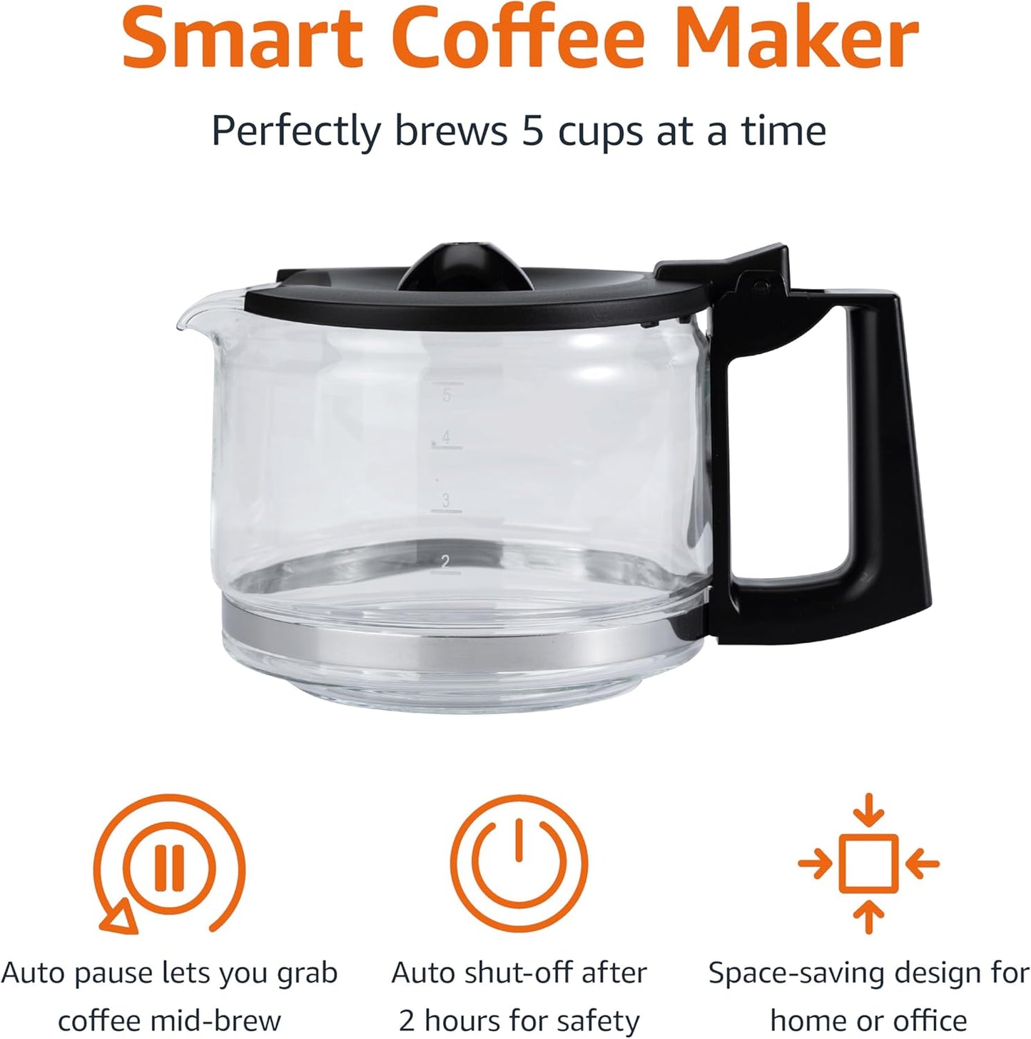 Amazon Basics 5 Cup Drip Coffee Maker, Coffee Machine with Glass Coffee Pot (0.8 Qt), Auto Shut-off, Auto Pause, Removable Filter Basket, Matte Black