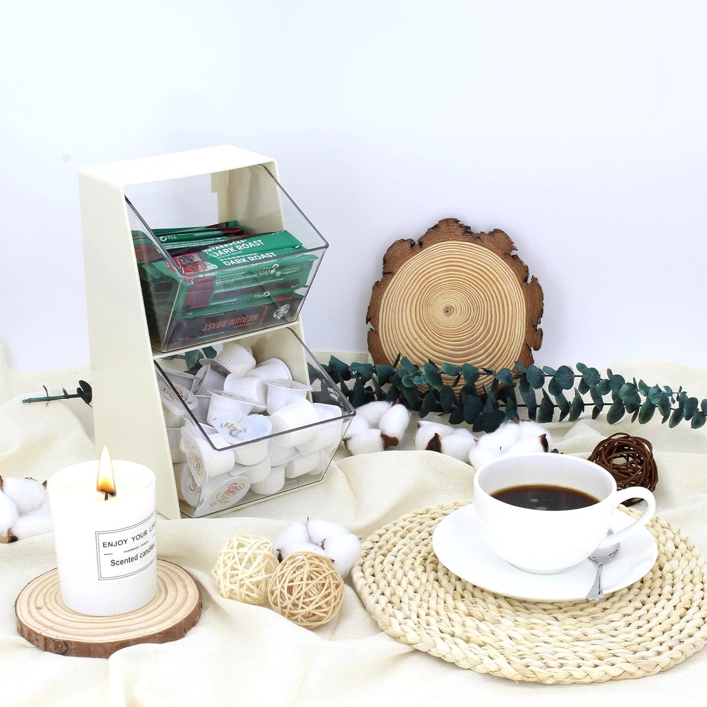 Bokelai Coffee Pod Holder with 2 Large Capacity Basket K Cup Storage Container Coffee Bar Accessories for Creamer Suger Plastic Desk Box Tea Bag Organizer Creamy White/Clear