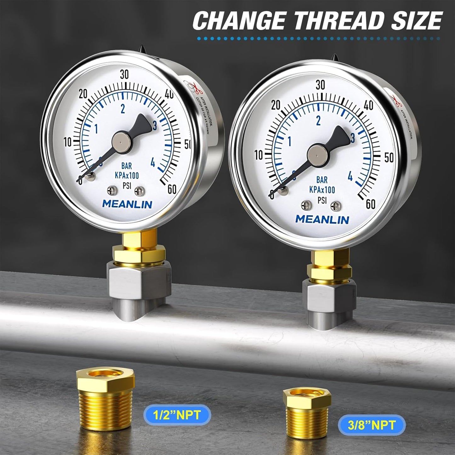 MEANLIN MEASURE 0~60Psi Dry Pressure Gauge Stainless Steel 1/4" NPT 2" FACE DIAL Waterproof for Pool Filter Pump Oil Air Compressor Tire Pressure Tester Lower Mount with 1/2" NPT and 3/8" NPT Hex Bush