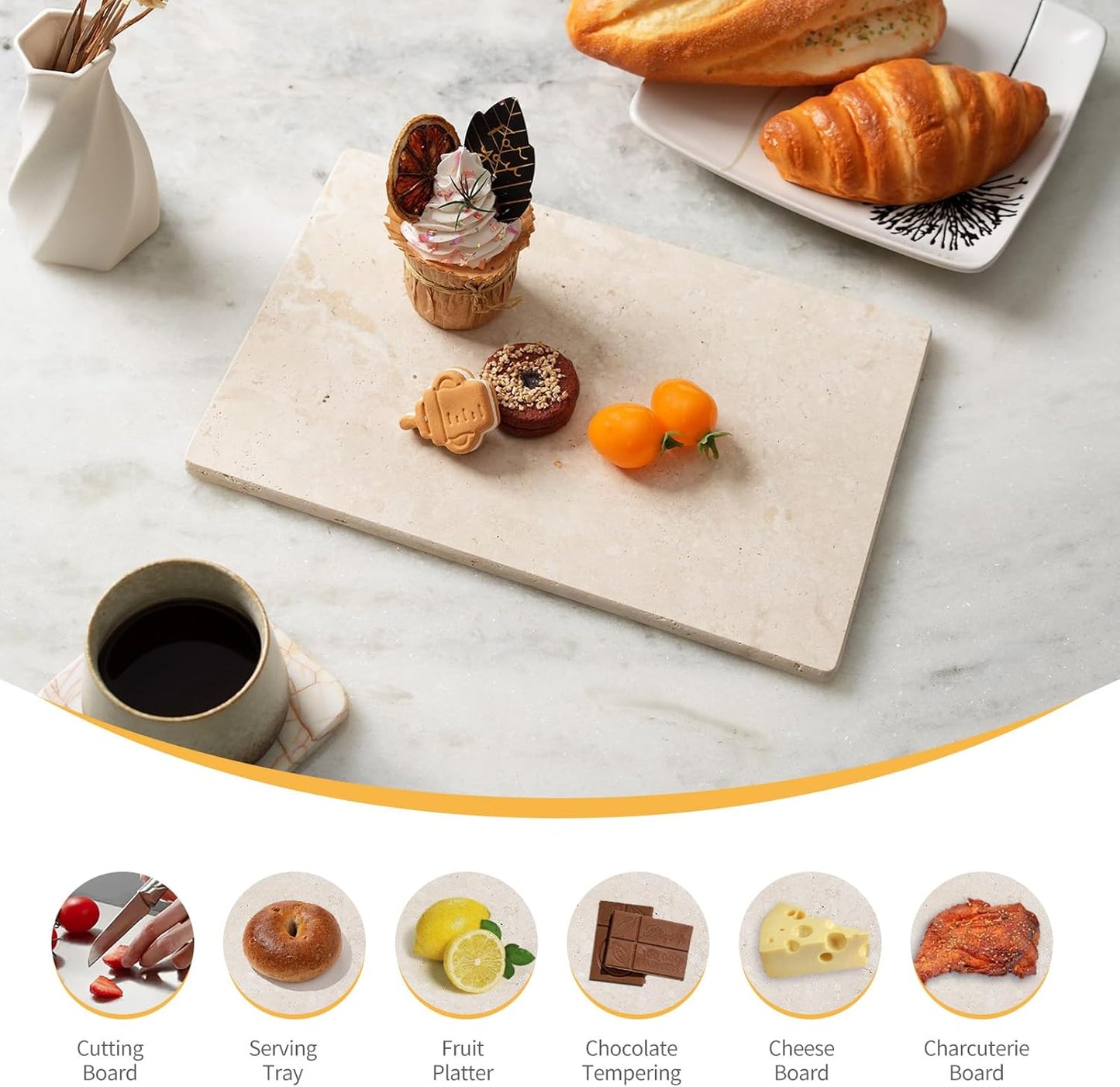 Koville Natural Travertine Marble Cutting Board for Kitchen Counter, 12" x 8" Real Stone Slab Marble Cheese Board for Home Decor, Stone Pastry Boards Bathroom Perfume Tray Candle Plate