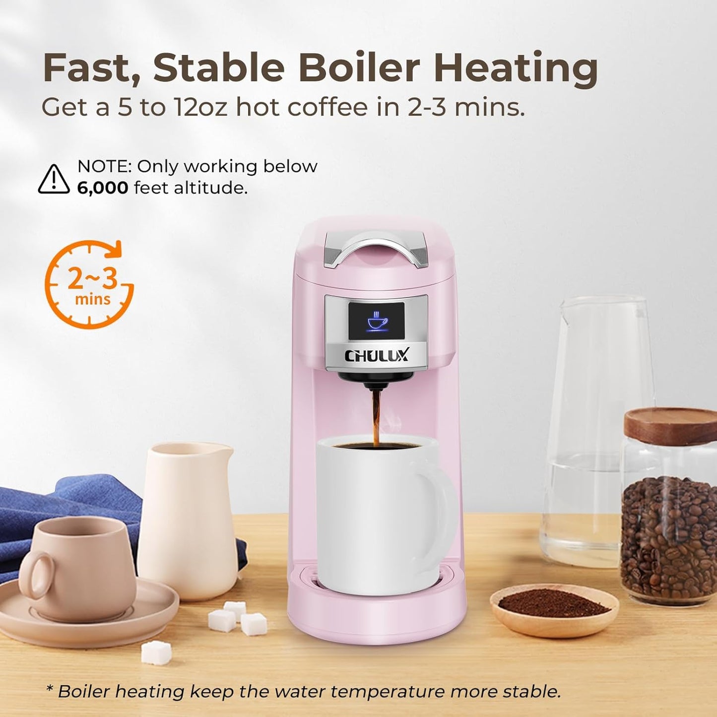 CHULUX Classic Single Serve Coffee Maker for K Cup, One Button Easy Coffee Machine for Office, RV, Travel and Dorm, Pink