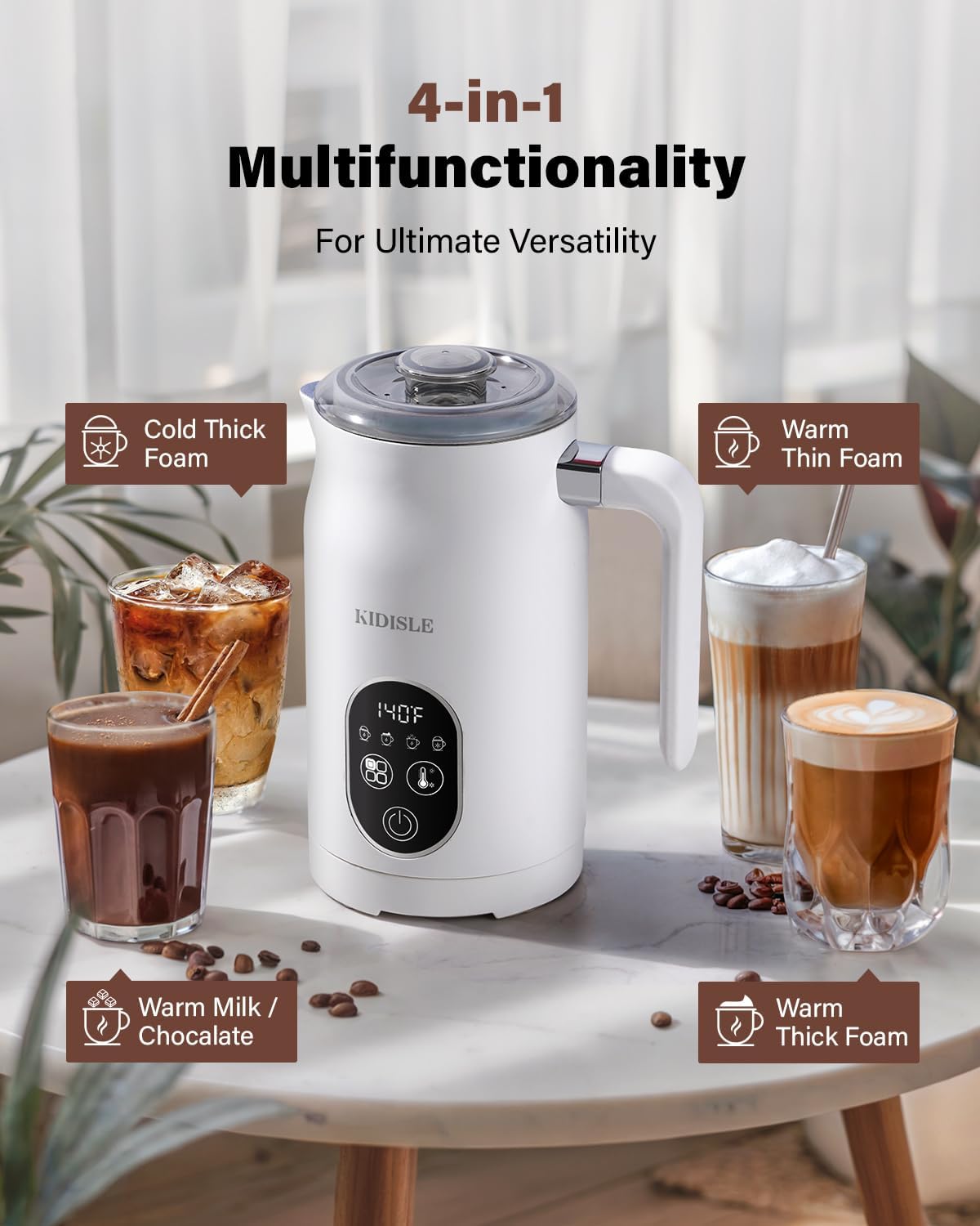 4-in-1 Electric Milk Frother and Steamer with Auto Temperature Control, Warm & Cold Foam Maker, Fast Frother for Coffee, Latte, Hot Chocolate, Cappuccino, Macchiato, White