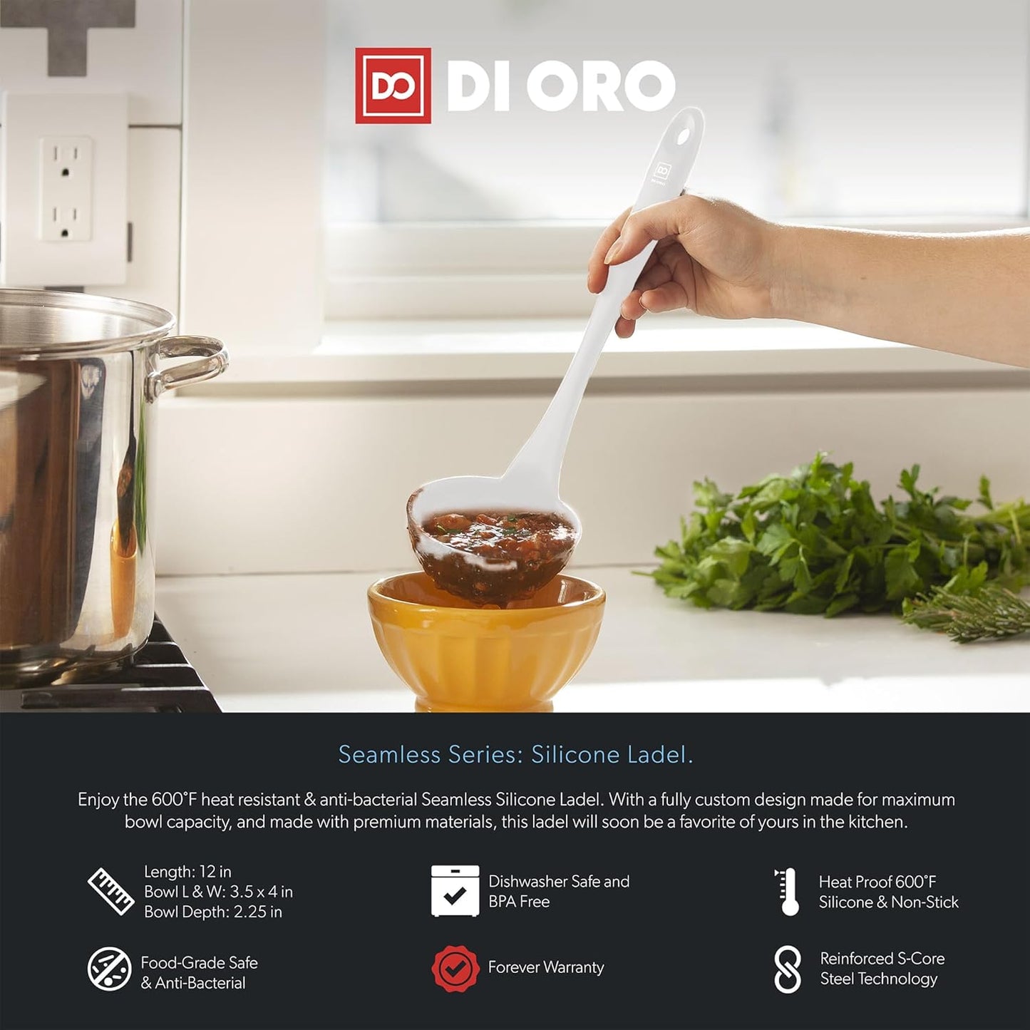 DI ORO Silicone Ladle – Soup Ladle for Cooking & Serving Heat-Resistant - Large Kitchen Soup Ladle Nonstick Cookware Safe - Soup Serving Spoon with Wide Bowl - Silicone Utensil Dishwasher Safe (Stone)