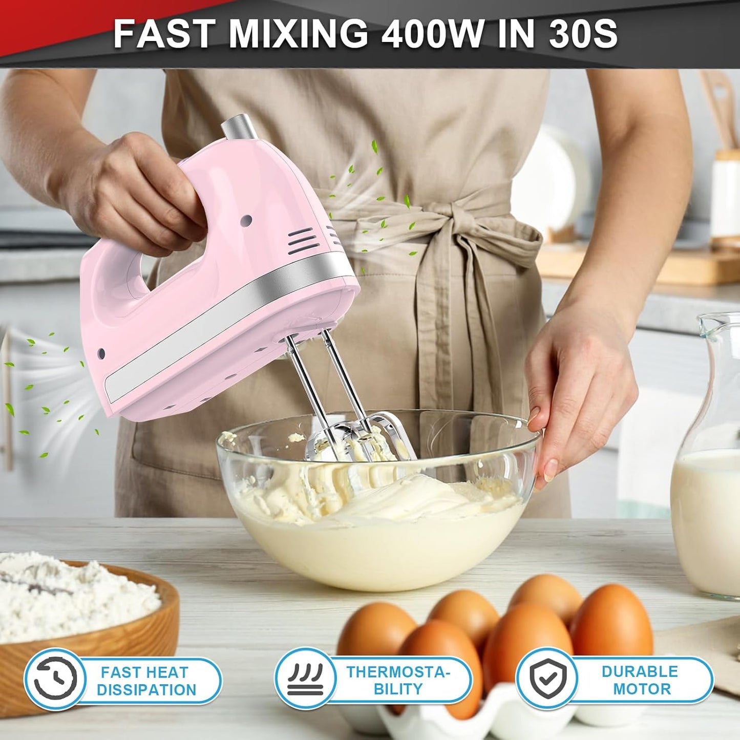 Lord Eagle Hand Mixer Electric 400W, 5 Speed handheld Mixer, 5 Stainless Steel Accessories for Baking Cake Egg Cream Food Beater, Turbo Boost/Self-Control Speed + Eject Button